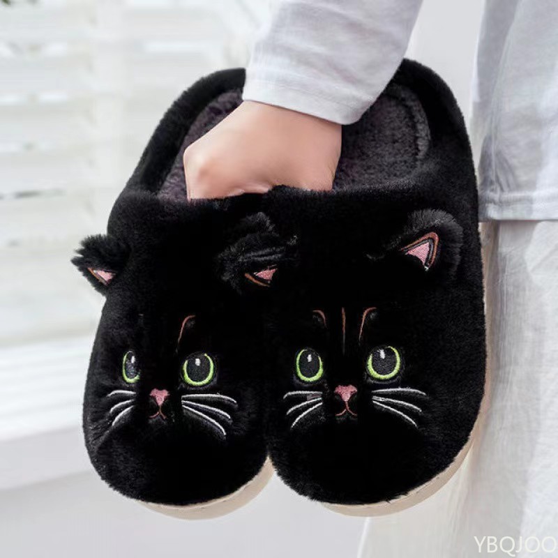 Women'S Shoes To Men'S Size - รองเท้าแตะผ้าฝ้ายสำหรับฤดูใบไม้ร่วงและฤดูหนาวแบบใหม่ สำหรับผู้ชายและผู้หญิง ลายการ์ตูนแมวน่ารัก ใส่ในบ้าน พื้นเรียบ อุ่นสบาย