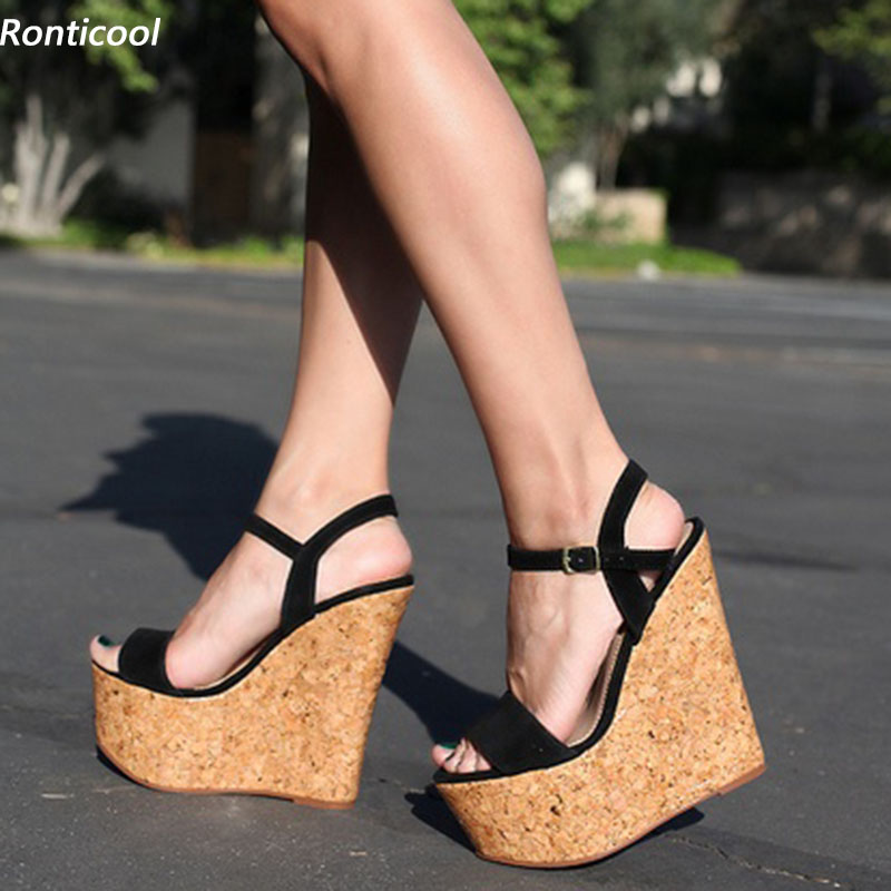 Cork Wedge Sandal - Ronticool Handmade ผู้หญิงแพลตฟอร์มรองเท้าแตะ Cork Wedges รองเท้าส้นสูงรอบ