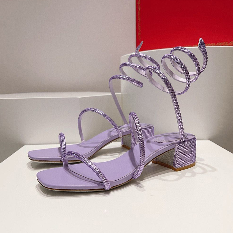 Gladiator Sandal Women - รองเท้าส้นสูงหัวเหลี่ยมแบบหนาประดับคริสตัลวิบวับสำหรับผู้หญิง สายรัดข้อเท้าลายงู รองเท้าปาร์ตี้ รองเท้ารัดส้นแบบกลาดิเอเตอร์สำหรับฤดูร้อน