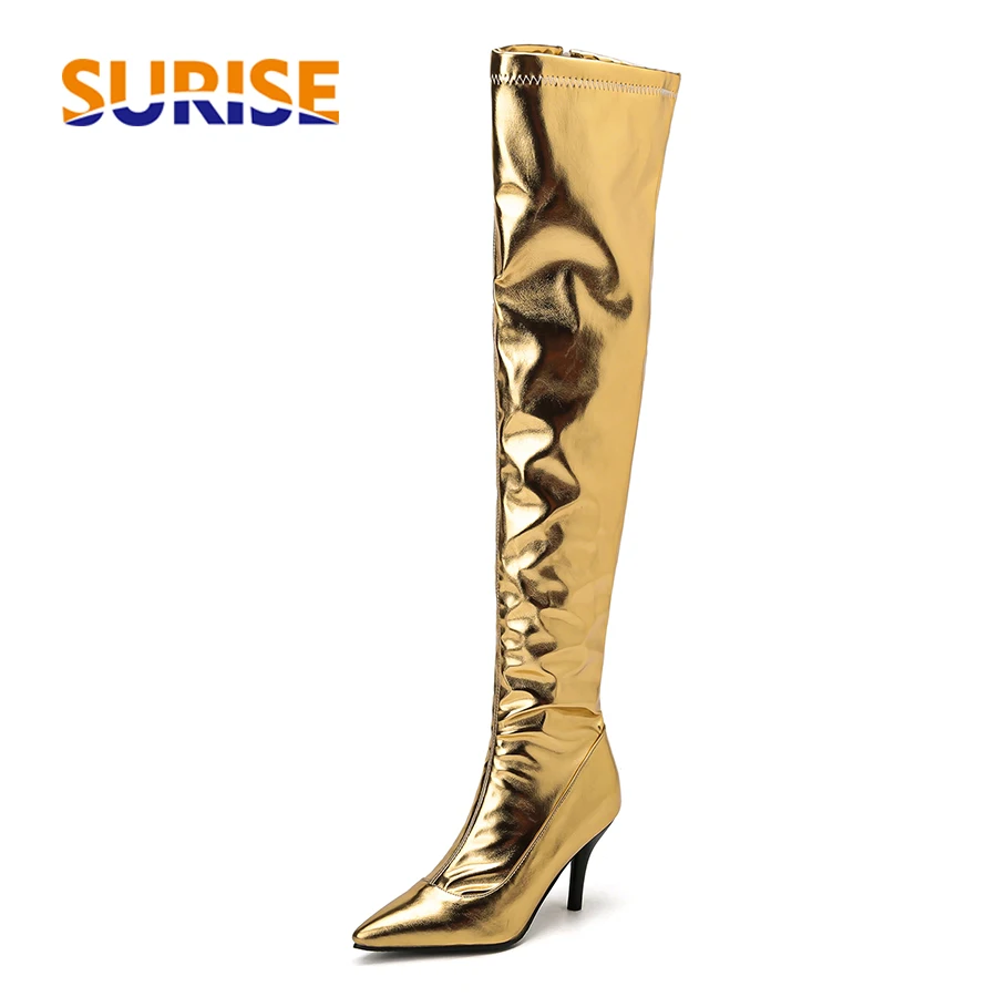 Block Heel Ankle Boots - ผู้หญิงต้นขาสูงรองเท้า Silver Gold Club Show Party