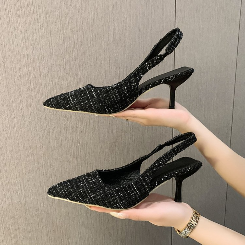 Platform Mule Heel - รองเท้าส้นสูงสไตล์สตรีสำหรับออฟฟิศ ดีไซน์หรูหรา ส้นเข็ม ปลายแหลม เปิดหลัง ลายตารางสีฟ้าอ่อน