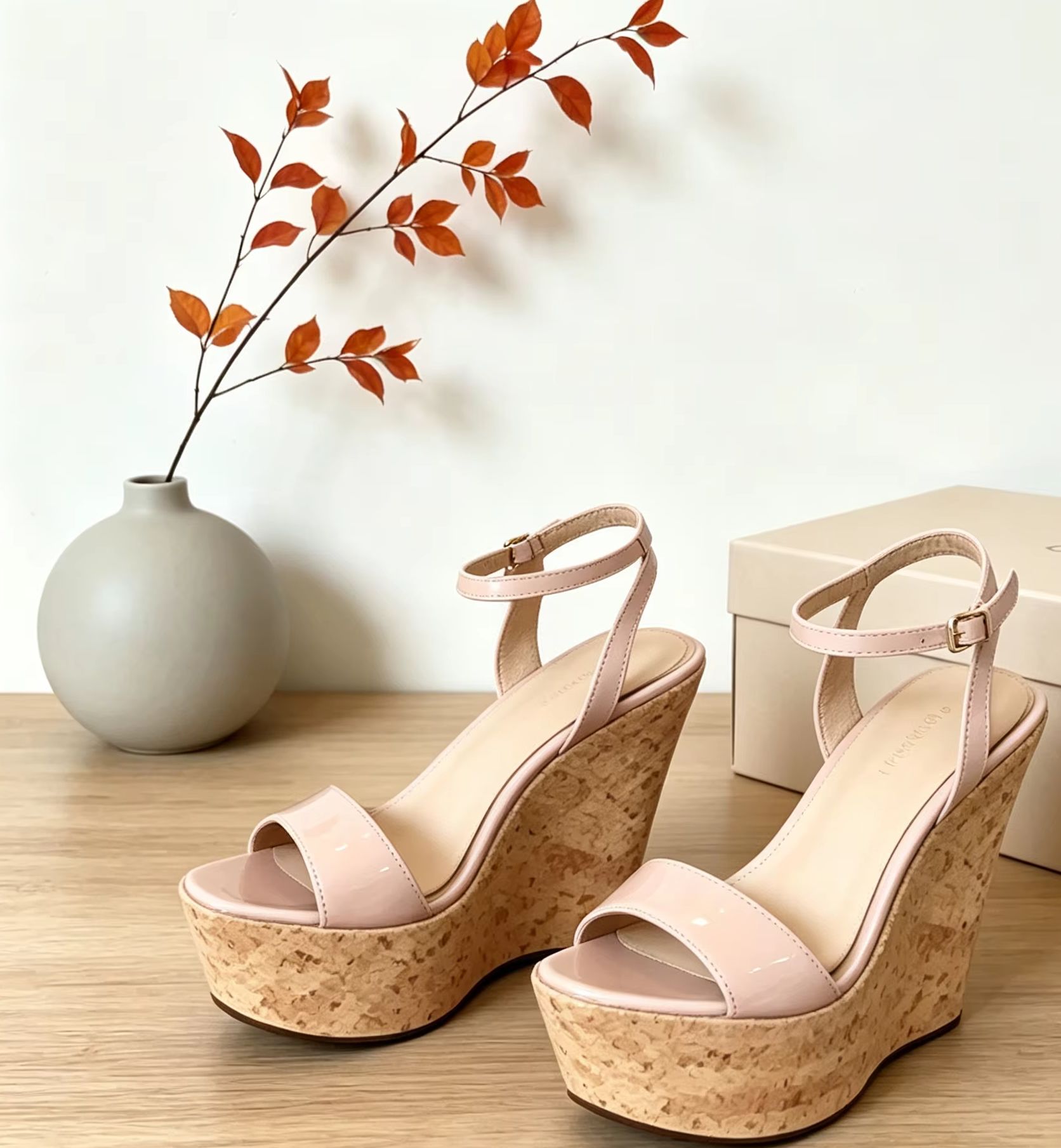 Cork Wedge Sandal - รองเท้าส้นเตารีดแบบเปิดนิ้วเท้าประดับหัวเข็มขัดรัดข้อเท้า หนังเทียม สำหรับผู้หญิง เหมาะสำหรับใส่ไปทะเล ใส่ในชีวิตประจำวัน หรือใส่ในโอกาสพิเศษ
