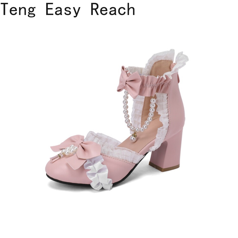 Women'S Shoes Easy Street - รองเท้าส้นเตี้ยแบบเปิดส้นสไตล์โลลิต้าสำหรับสาวๆ ประดับลูกปัดหวานๆ โบว์ผูกเชือก ขอบลูกไม้ ซิปหลัง สไตล์เจ้าหญิง