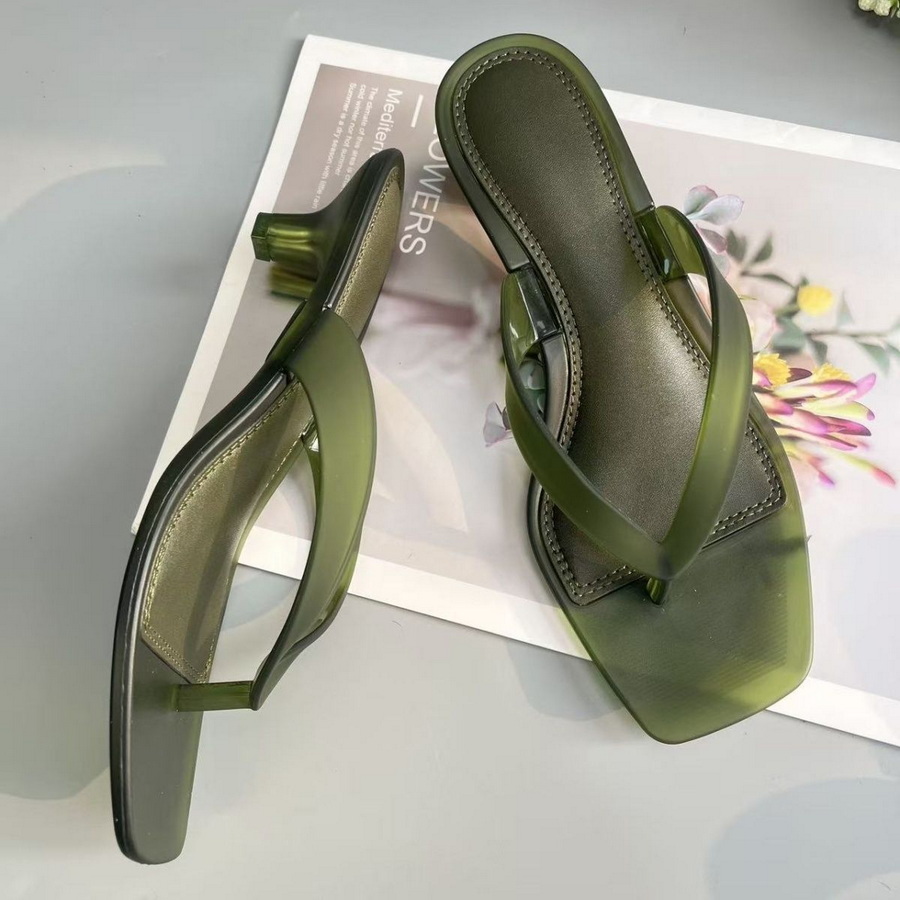 Thong Flat Sandal - รองเท้าแตะแบบสวมสีเขียวมะกอก PVC สไตล์เกาหลี สำหรับผู้หญิง ส้นเตี้ยแบบใส หัวเหลี่ยม