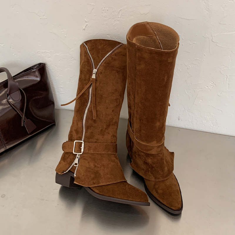 Women Shoes Size 7 - รองเท้าบูทคาวบอยสไตล์ตะวันตกสำหรับผู้หญิง ความยาวระดับกลางน่อง หัวแหลม ส้นหนา หนังกลับ พร้อมสายรัดหัวเข็มขัด