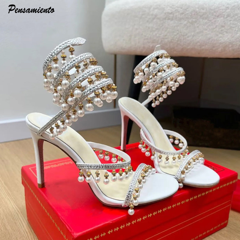 Gladiator Sandal Women - รองเท้าส้นสูงประดับมุกและคริสตัลหรูหรา สไตล์กลาดิเอเตอร์ สายรัดข้อเท้าลายงู ผ้าซาติน เหมาะสำหรับงานเลี้ยงฤดูร้อนและงานแต่งงาน
