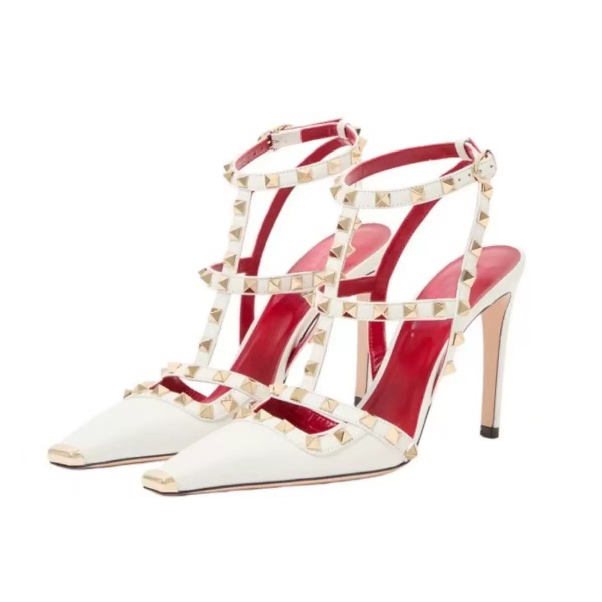 Gladiator Sandal Women - รองเท้าส้นสูงหัวแหลมประดับหมุดสำหรับผู้หญิง สายรัดข้อเท้าแบบหัวเข็มขัด สำหรับงานปาร์ตี้ ไซส์ใหญ่ 35-43