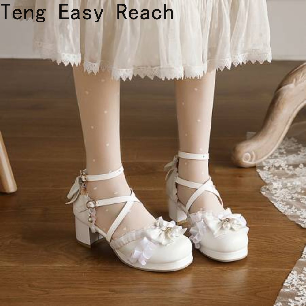 Women'S Shoes Easy Street - รองเท้าส้นสูงสีขาวเบจชมพูประดับโบว์รัดส้นแบบไขว้ แต่งระบาย สำหรับผู้หญิง สาวๆ นักเรียน สไตล์โลลิต้า