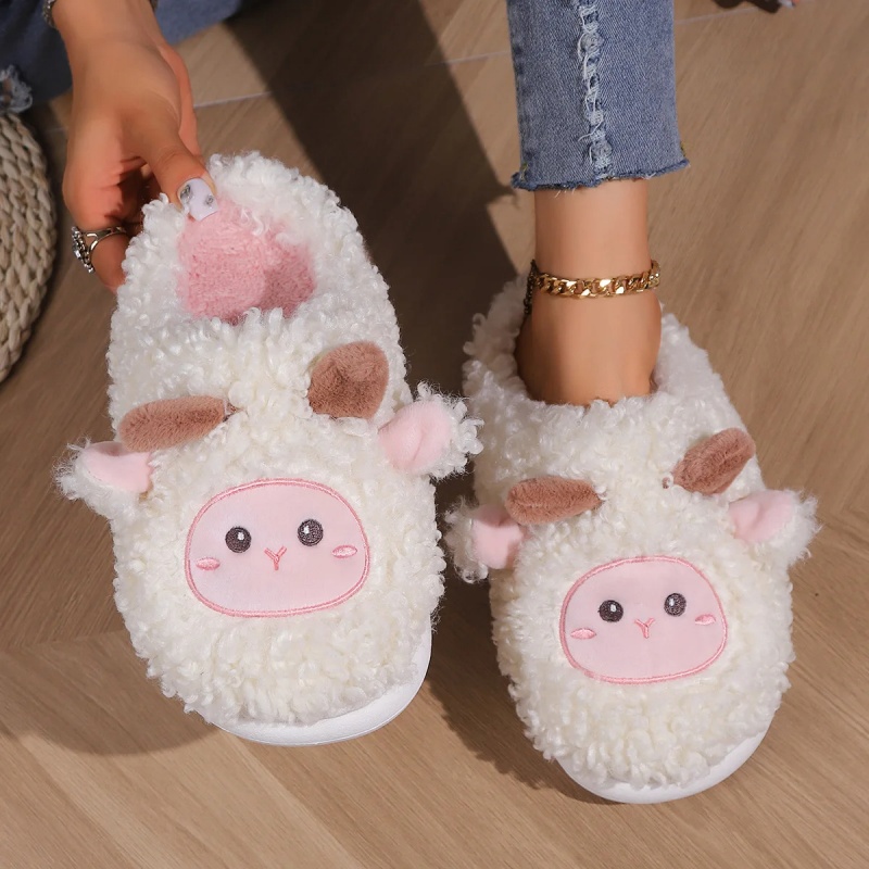 Women'S Shoes To Men'S Size - รองเท้าแตะรูปแกะน้อยน่ารักสำหรับฤดูหนาว เหมาะสำหรับผู้หญิงและผู้ชาย รองเท้าแตะขนแกะนุ่มสบายสำหรับใส่ในบ้าน รองเท้าแตะคู่รักแฟชั่น ปักลายสวยงาม รองเท้าแตะผ้าฝ้ายนุ่ม