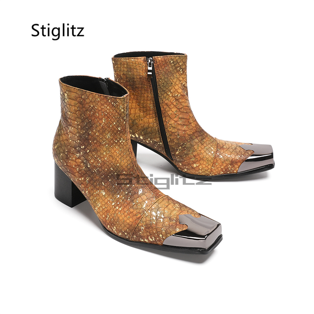 รองเท้าบูทข้อสั้นลายหนังงูสีน้ - Block Heel Ankle Boots บทวิจารณ์และราคา