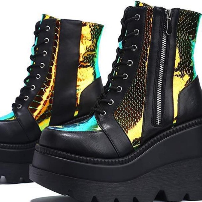 รองเท้าบูทข้อเท้าสีชมพูโฮโลแกร - Block Heel Ankle Boots บทวิจารณ์และราคา