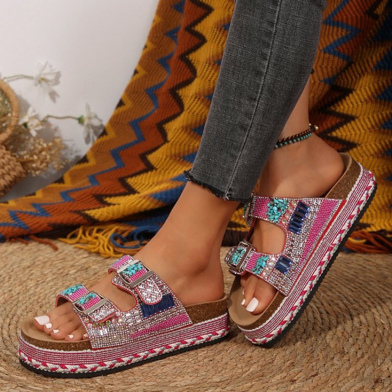 รองเท้าส้นเตารีดประดับลูกปัดสี - Cork Wedge Sandal บทวิจารณ์และราคา