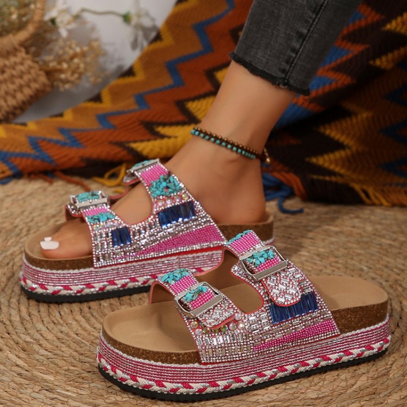 รองเท้าส้นเตารีดประดับลูกปัดสี - Cork Wedge Sandal บทวิจารณ์และราคา