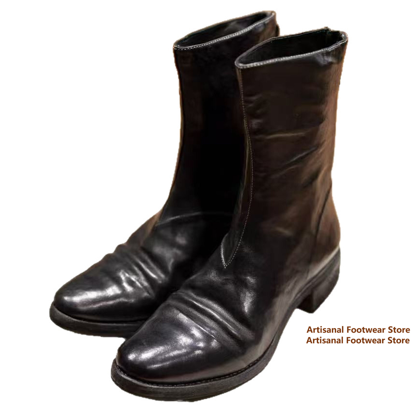 รองเท้าบูทหนังย้อนยุคทรงย่นระด - Block Heel Ankle Boots บทวิจารณ์และราคา